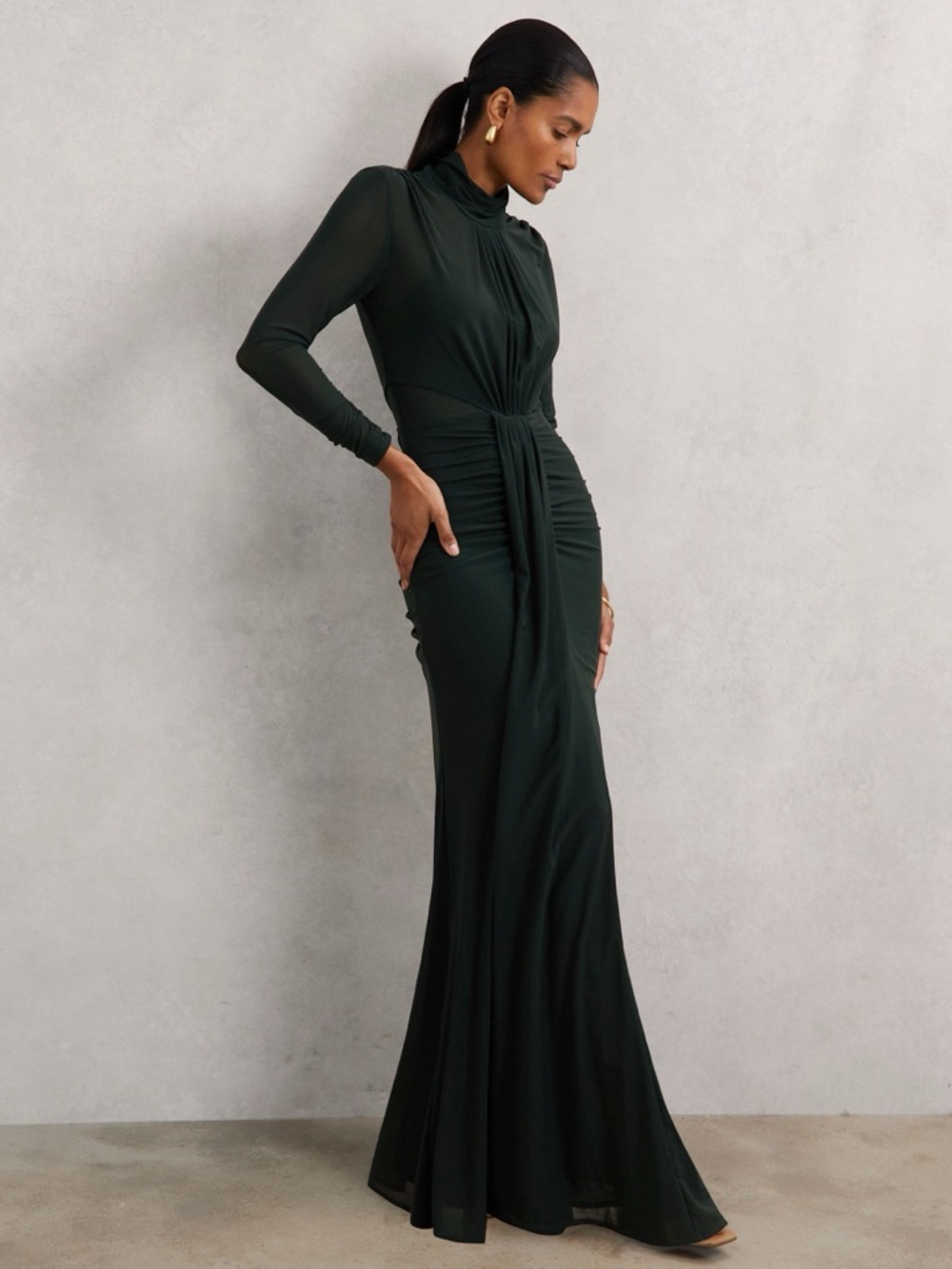 Reiss Dani Long Sleeved Ruched Dress in Dark Green - Picture 2 of 14
